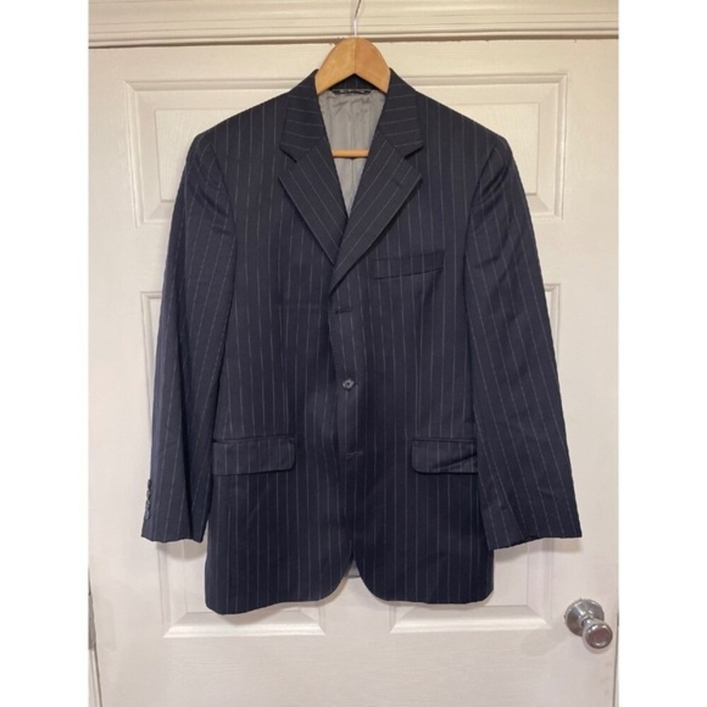 40R Wool Navy Blue Pinstripe Blazer 3 Button Suit Coat Jack Victor Lord & Taylor